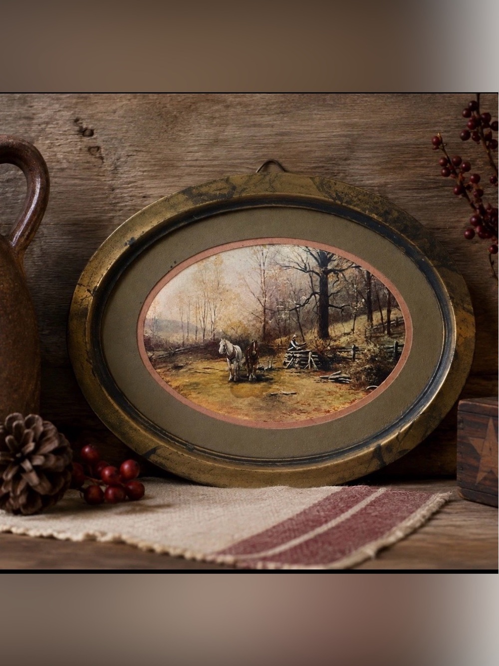 Vtg Oval Frame Horse Print Metal Draft Farm Woodland Rustic Wall Art Equestrian